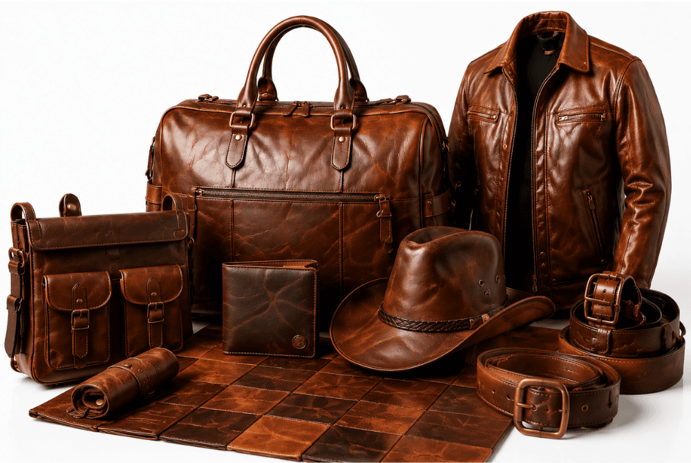 Leather bags, hats, jackets and accessories