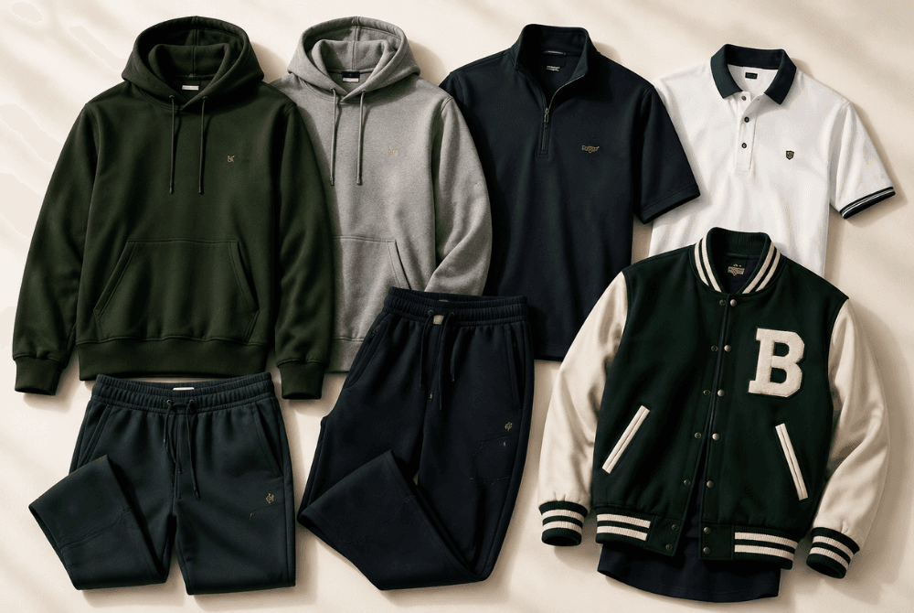 Apparel products including hoodies, polos and varsity jackets